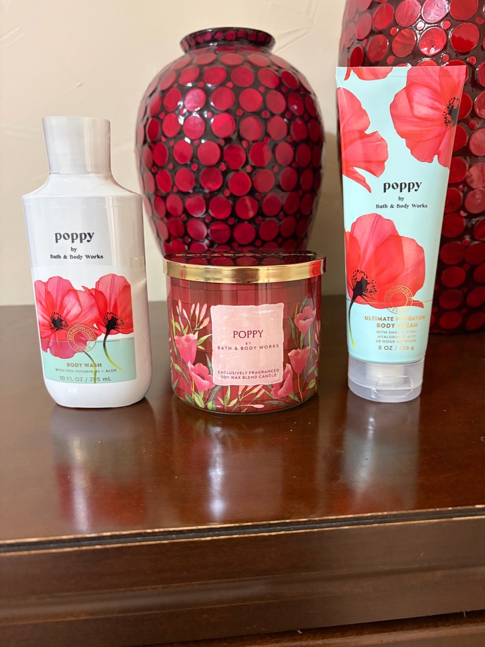 Bath & Body Works Poppy Full Size Trio - Body Wash, Body Lotion, 3 Wick Candle